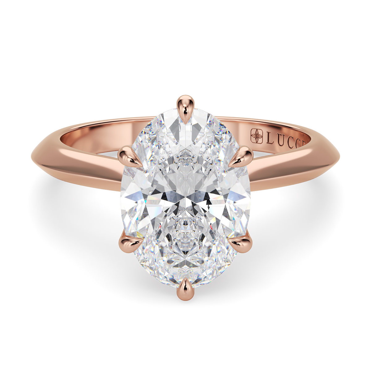 Load image into Gallery viewer, LUCCE Knife Edge Cathedral Oval Diamond Solitaire Engagement Ring with Overlapping Petal Prongs in Gold or Platinum
