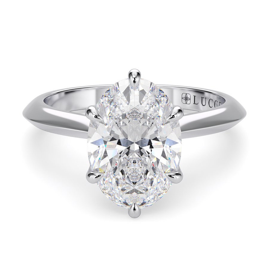 Load image into Gallery viewer, LUCCE Knife Edge Cathedral Oval Diamond Solitaire Engagement Ring with Overlapping Petal Prongs in Gold or Platinum
