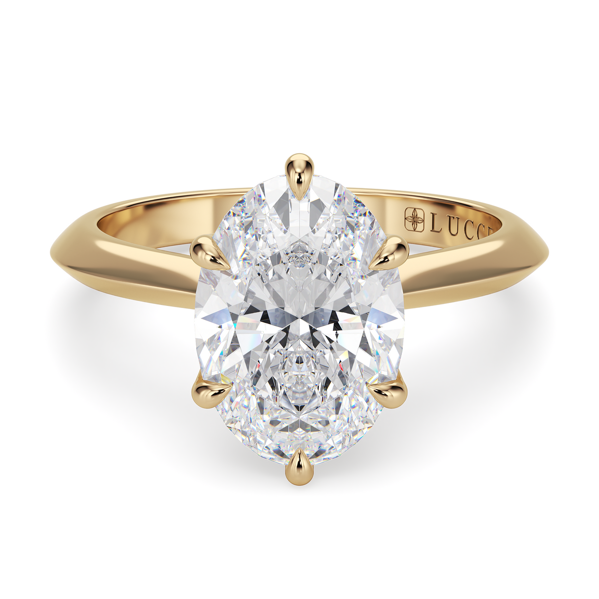 Load image into Gallery viewer, LUCCE Knife Edge Cathedral Oval Diamond Solitaire Engagement Ring with Overlapping Petal Prongs in Gold or Platinum
