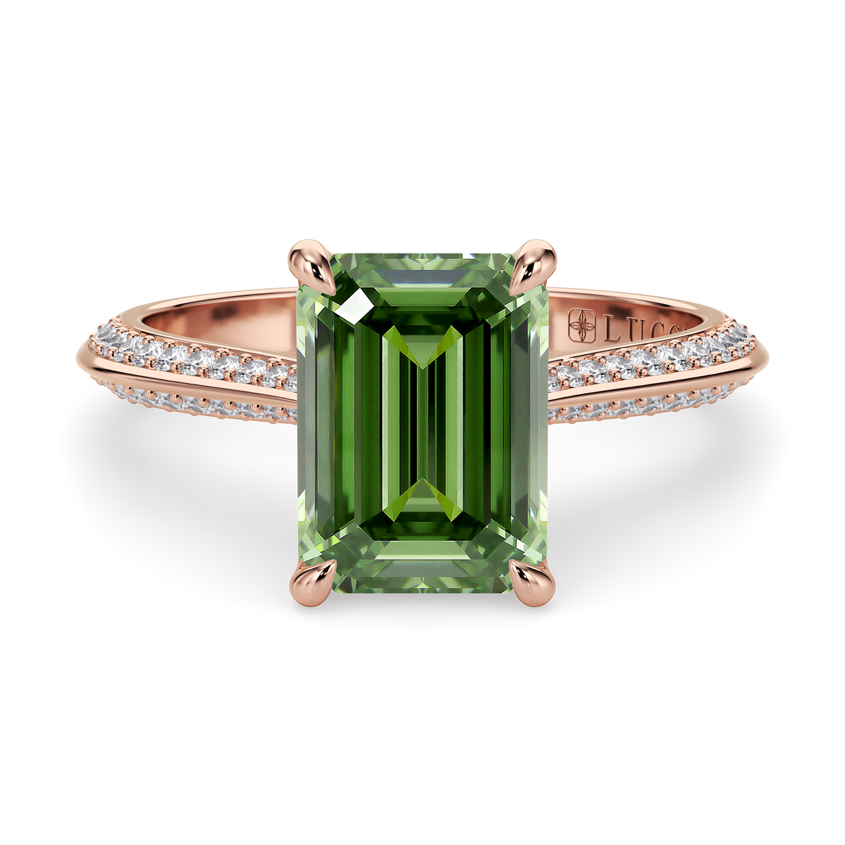 Load image into Gallery viewer, LUCCE Knife Edge Cathedral Emerald Green Diamond Pavé Engagement Ring with Overlapping Petal Prongs in Gold or Platinum
