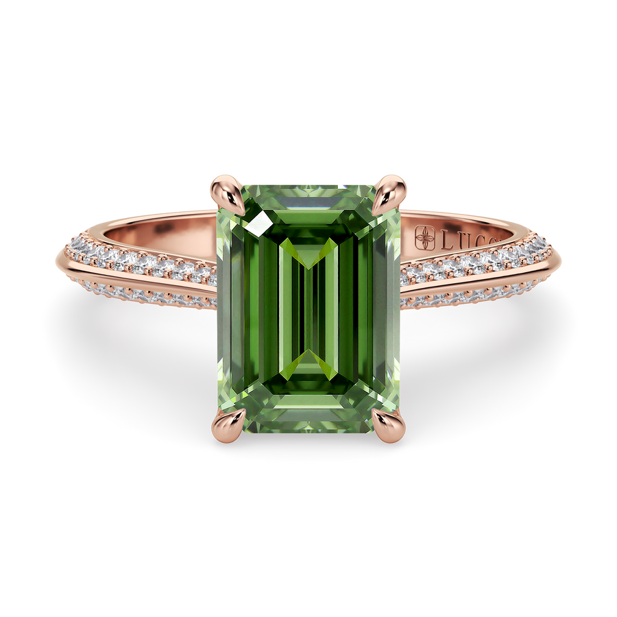 Load image into Gallery viewer, LUCCE Knife Edge Cathedral Emerald Green Diamond Pavé Engagement Ring with Overlapping Petal Prongs in Gold or Platinum
