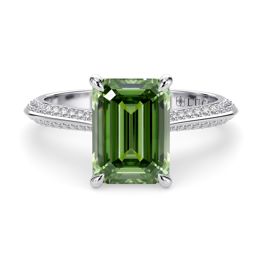 Load image into Gallery viewer, LUCCE Knife Edge Cathedral Emerald Green Diamond Pavé Engagement Ring with Overlapping Petal Prongs in Gold or Platinum
