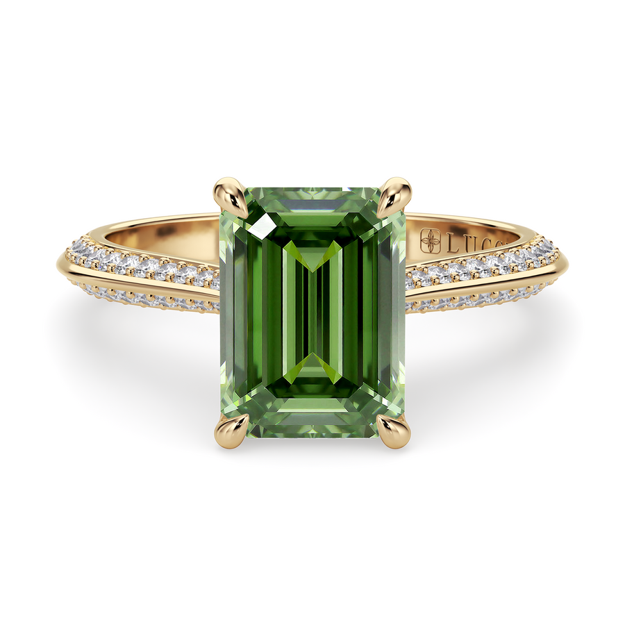 Load image into Gallery viewer, LUCCE Knife Edge Cathedral Emerald Green Diamond Pavé Engagement Ring with Overlapping Petal Prongs in Gold or Platinum

