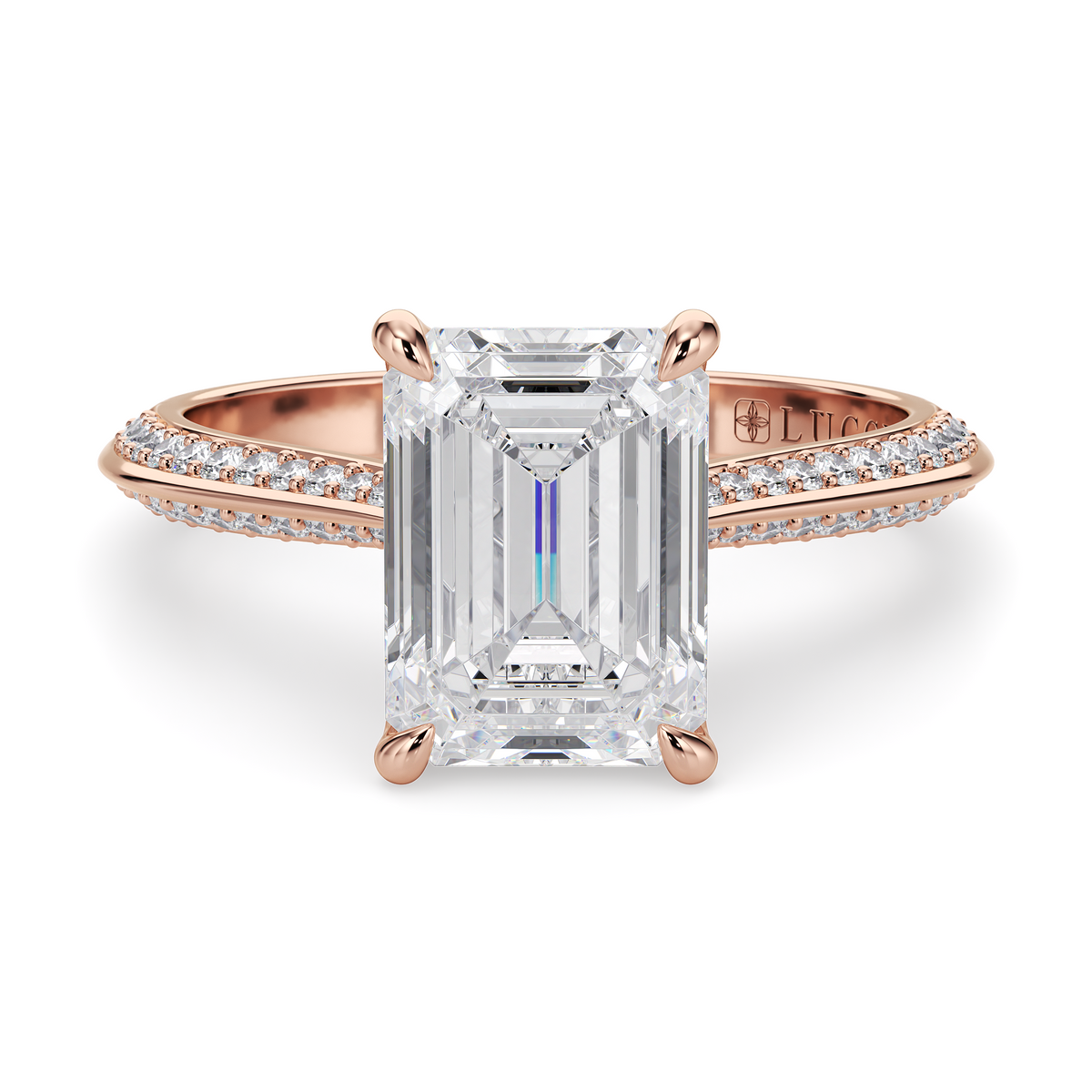 Load image into Gallery viewer, LUCCE Knife Edge Cathedral Emerald Diamond Pavé Engagement Ring with Overlapping Petal Prongs in Gold or Platinum
