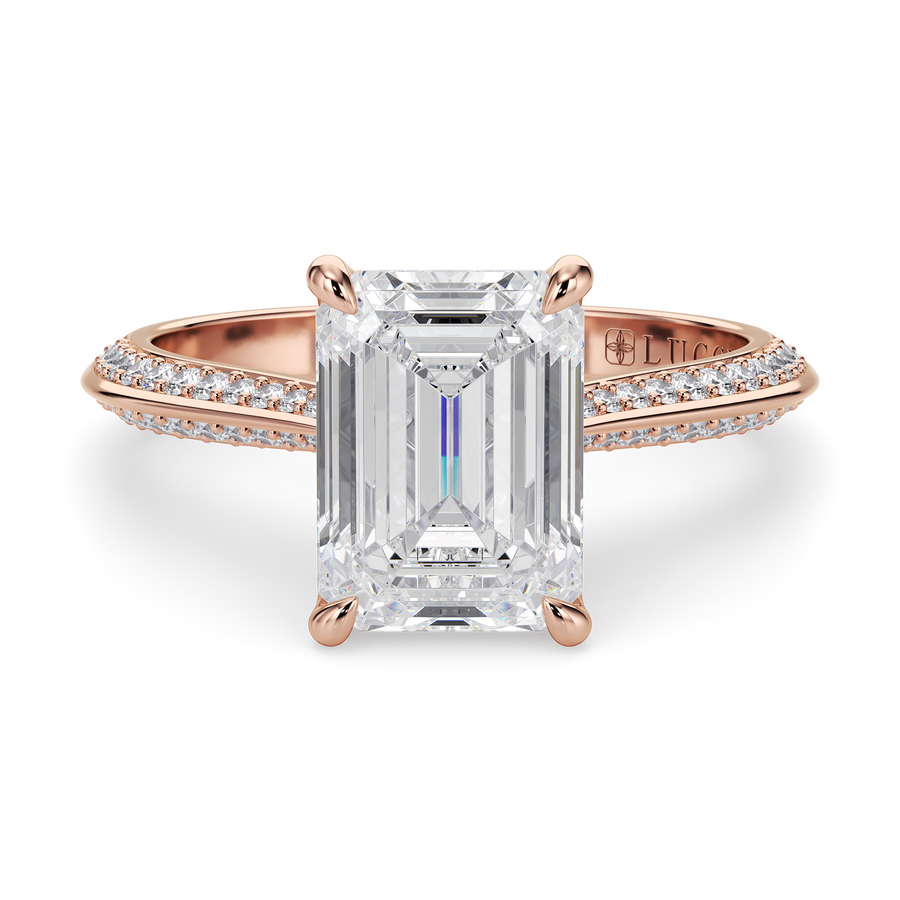 Load image into Gallery viewer, LUCCE Knife Edge Cathedral Emerald Diamond Pavé Engagement Ring with Overlapping Petal Prongs in Gold or Platinum
