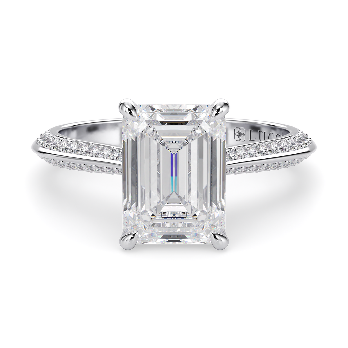 Load image into Gallery viewer, LUCCE Knife Edge Cathedral Emerald Diamond Pavé Engagement Ring with Overlapping Petal Prongs in Gold or Platinum

