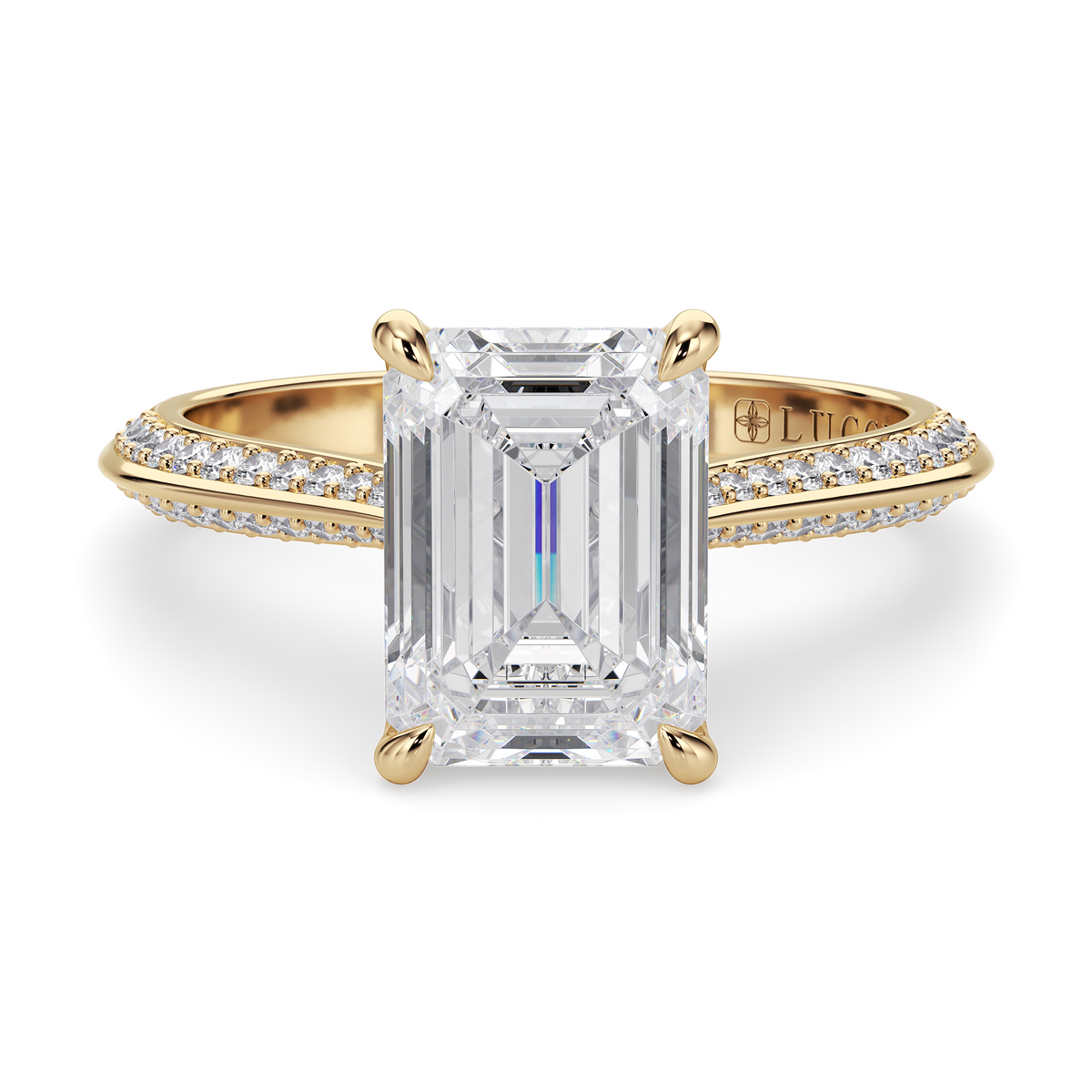 Load image into Gallery viewer, LUCCE Knife Edge Cathedral Emerald Diamond Pavé Engagement Ring with Overlapping Petal Prongs in Gold or Platinum
