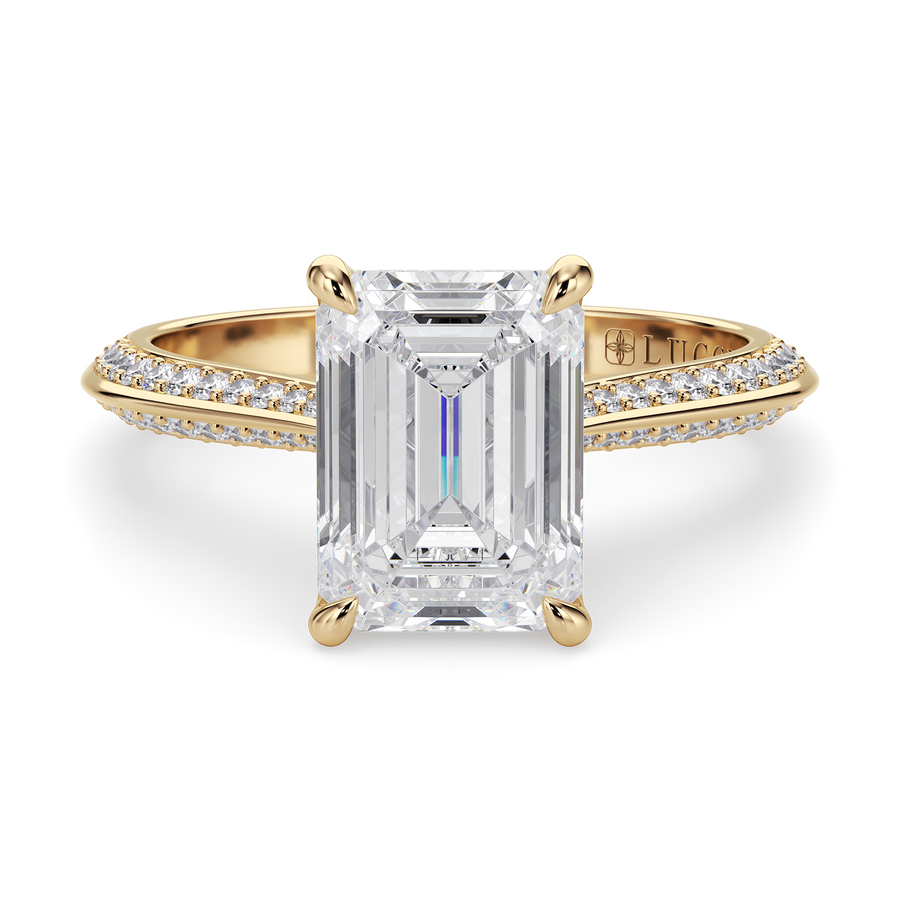 Load image into Gallery viewer, LUCCE Knife Edge Cathedral Emerald Diamond Pavé Engagement Ring with Overlapping Petal Prongs in Gold or Platinum

