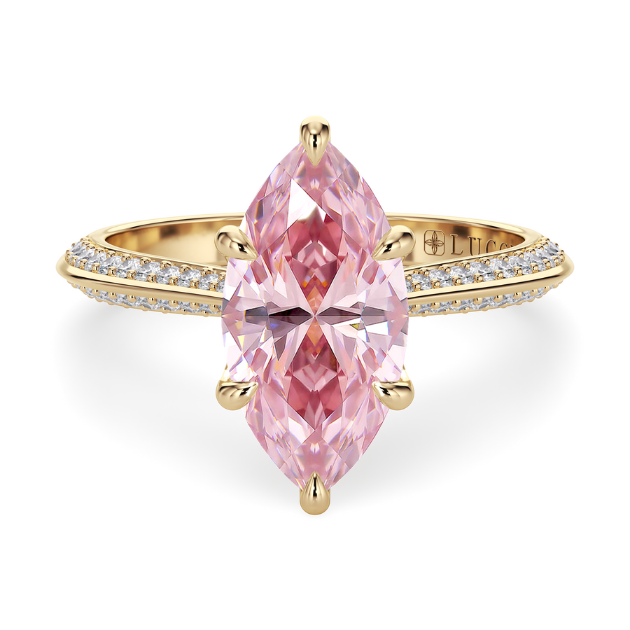 Load image into Gallery viewer, ECUADORIAN Floral Pave Pink Marquise Diamond engagement ring with Knife Edge and petal prongs  in  Yellow Gold
