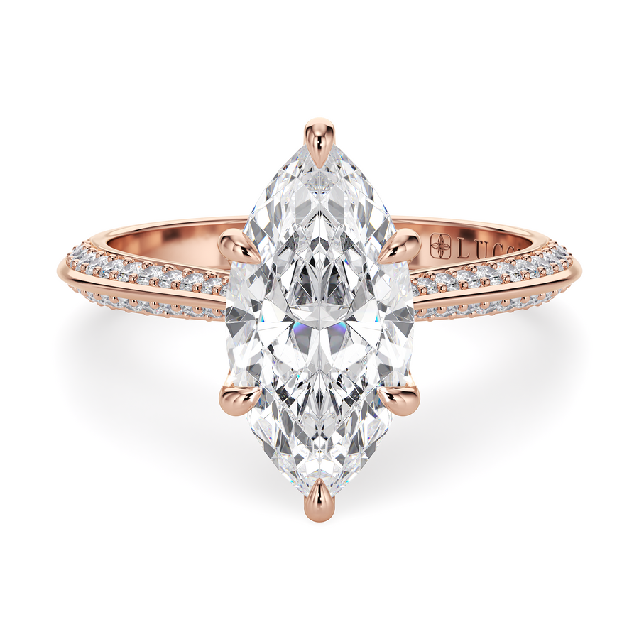 Load image into Gallery viewer, LUCCE Knife Edge Cathedral Marquise Diamond Pavé Engagement Ring with Overlapping Petal Prongs in Gold or Platinum
