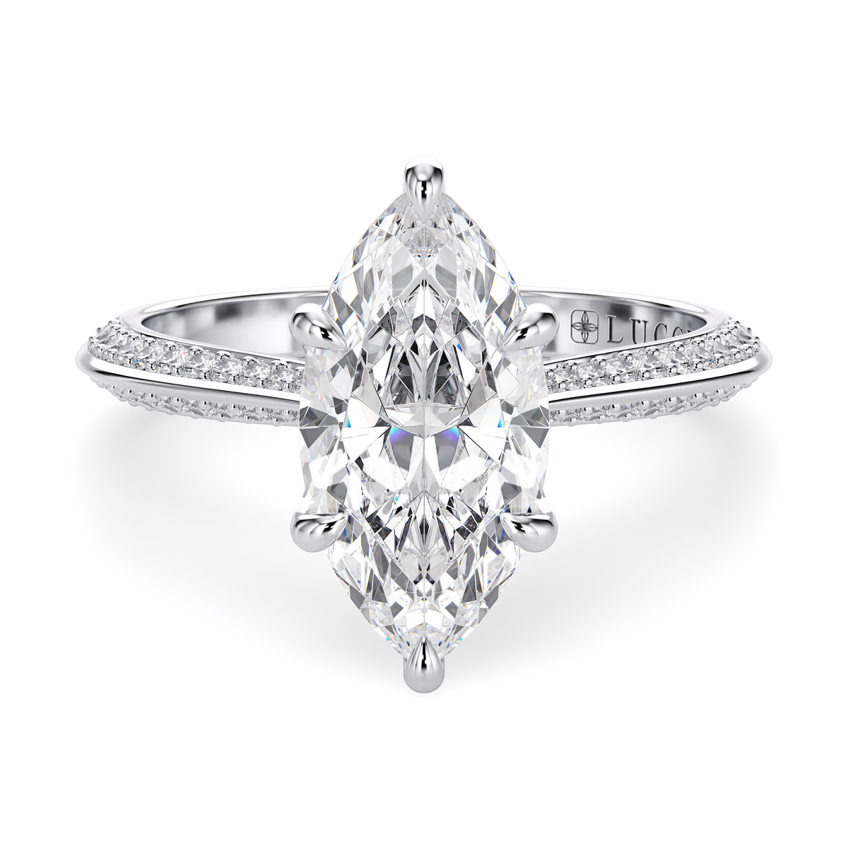 Load image into Gallery viewer, LUCCE Knife Edge Cathedral Marquise Diamond Pavé Engagement Ring with Overlapping Petal Prongs in Gold or Platinum
