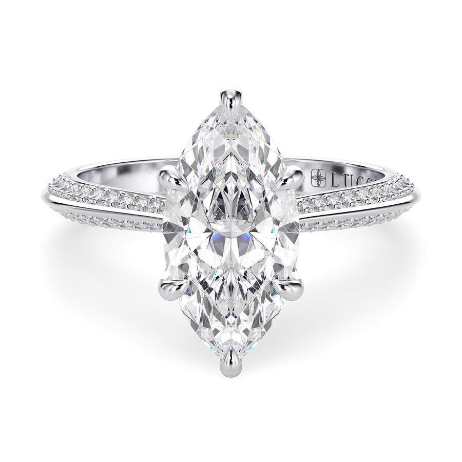 Load image into Gallery viewer, LUCCE Knife Edge Cathedral Marquise Diamond Pavé Engagement Ring with Overlapping Petal Prongs in Gold or Platinum
