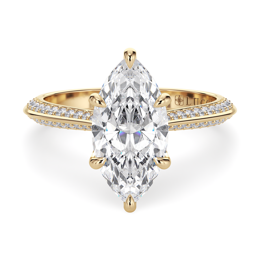 Load image into Gallery viewer, LUCCE Knife Edge Cathedral Marquise Diamond Pavé Engagement Ring with Overlapping Petal Prongs in Gold or Platinum
