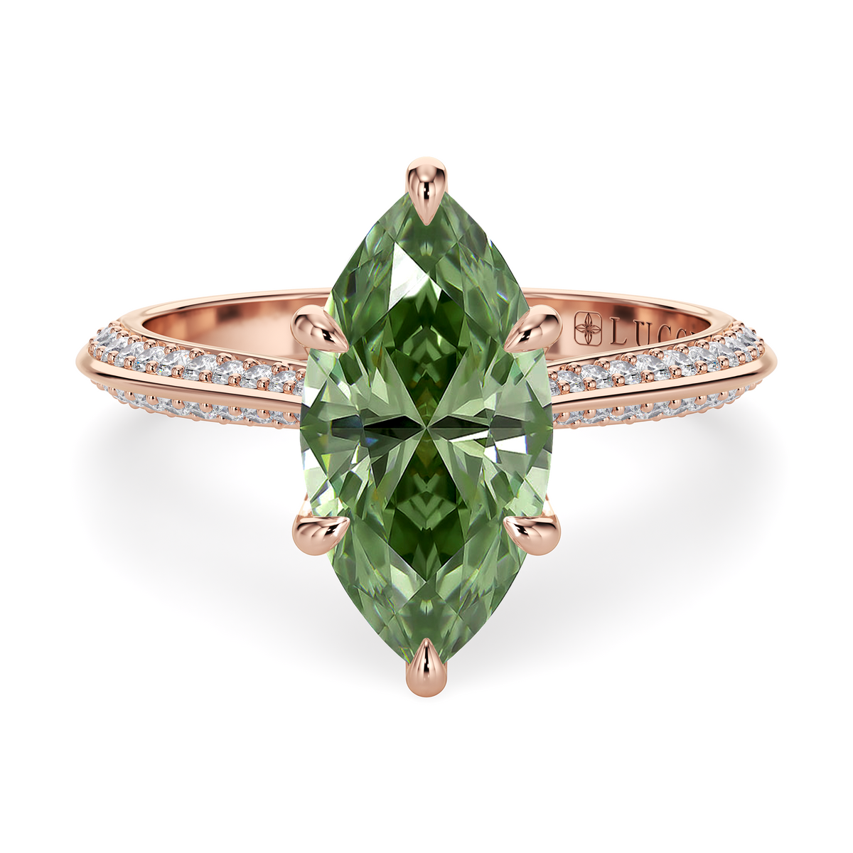 Load image into Gallery viewer, LUCCE Knife Edge Cathedral Marquise Green Diamond Pavé Engagement Ring with Overlapping Petal Prongs in Gold or Platinum

