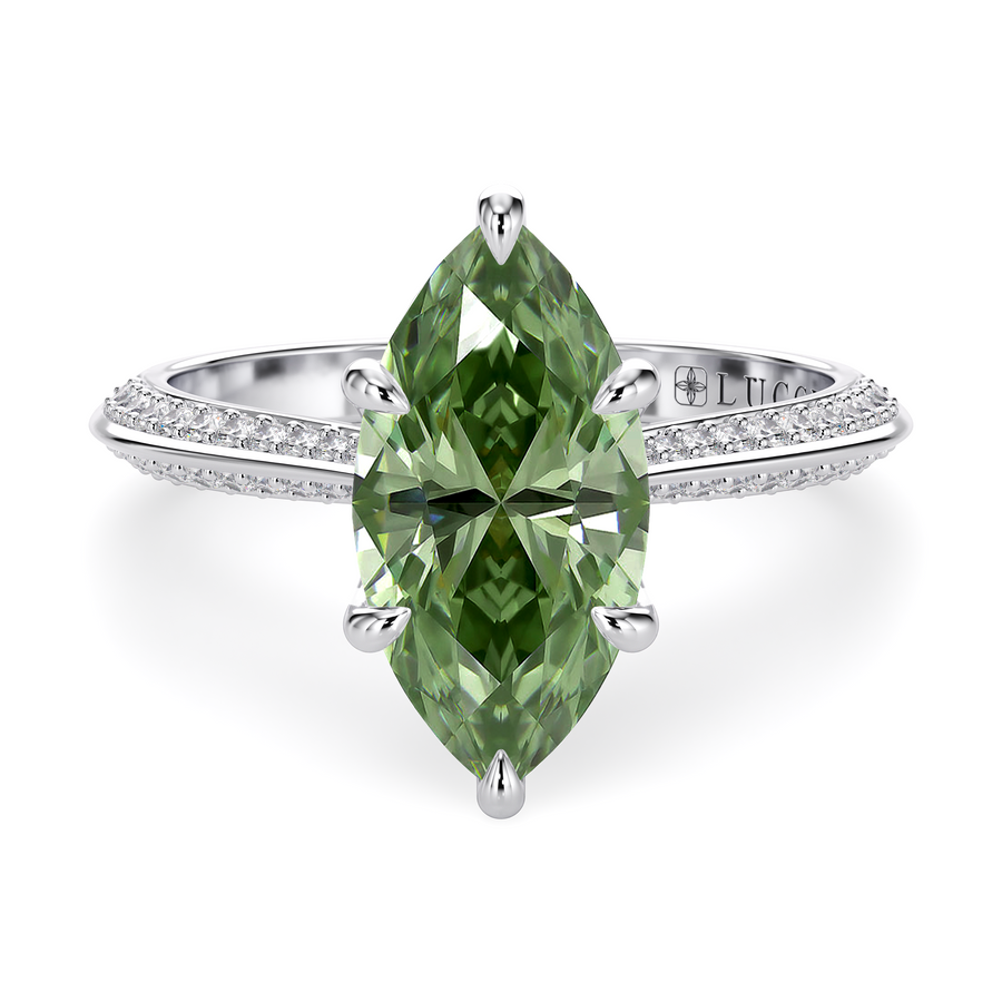 Load image into Gallery viewer, LUCCE Knife Edge Cathedral Marquise Green Diamond Pavé Engagement Ring with Overlapping Petal Prongs in Gold or Platinum
