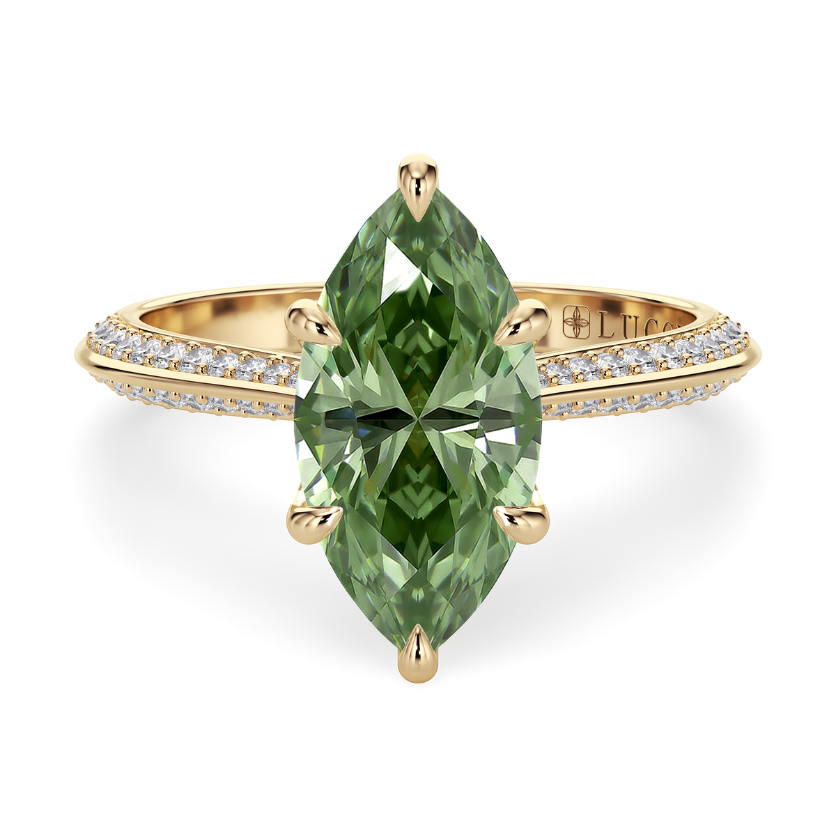 Load image into Gallery viewer, LUCCE Knife Edge Cathedral Marquise Green Diamond Pavé Engagement Ring with Overlapping Petal Prongs in Gold or Platinum
