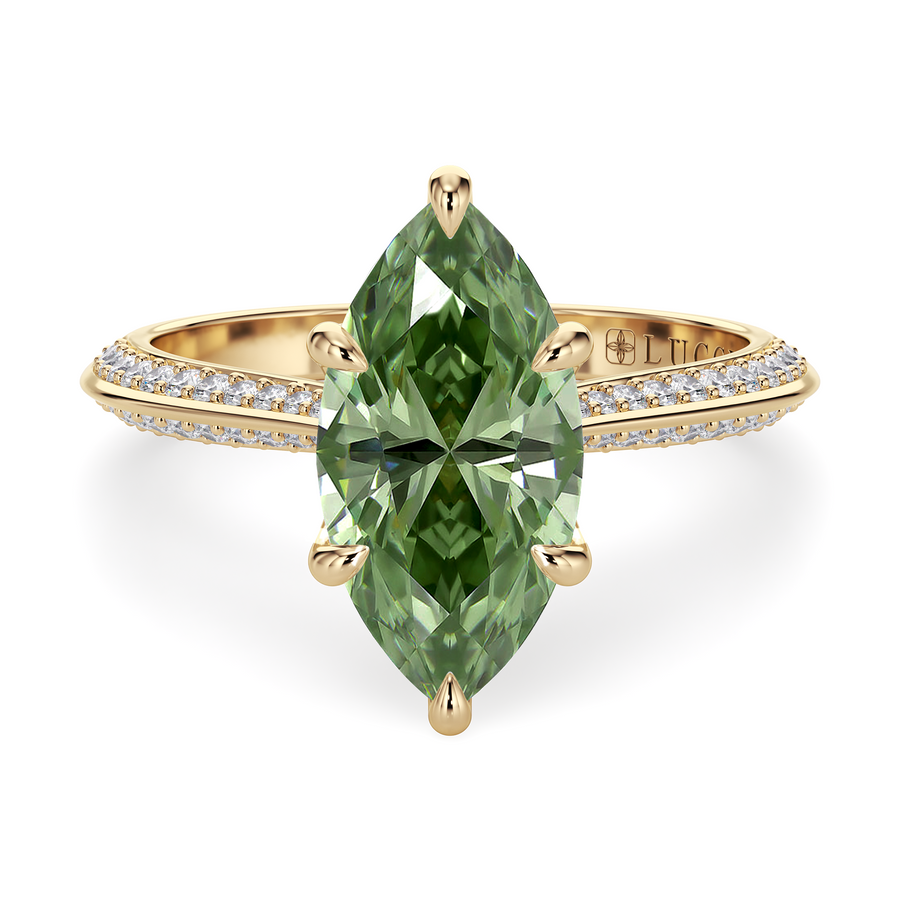 Load image into Gallery viewer, LUCCE Knife Edge Cathedral Marquise Green Diamond Pavé Engagement Ring with Overlapping Petal Prongs in Gold or Platinum
