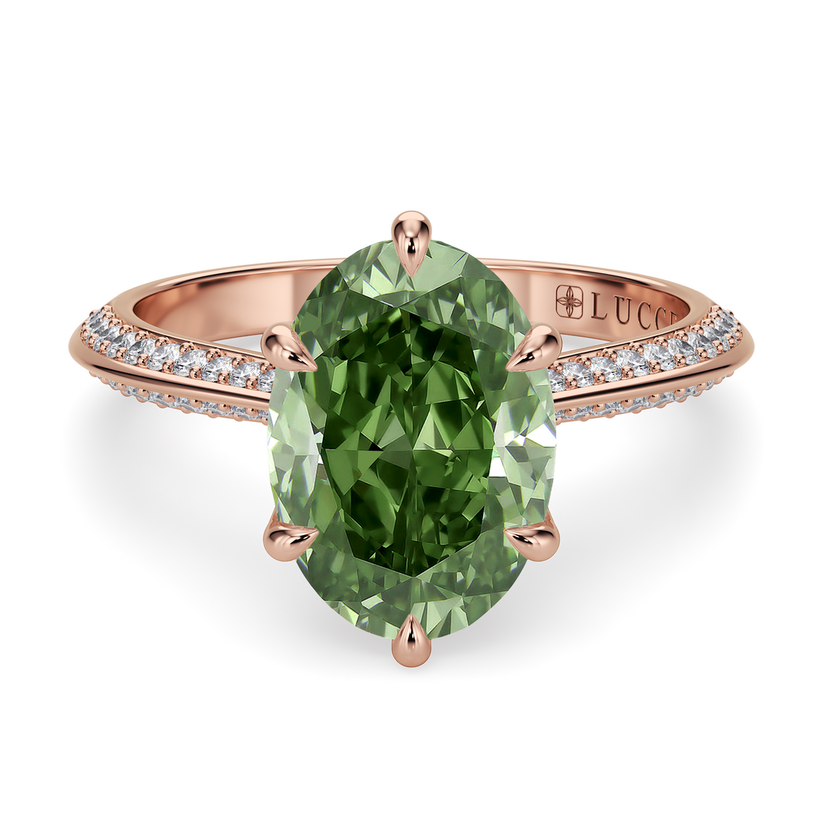 Load image into Gallery viewer, LUCCE Knife Edge Cathedral Oval Green Diamond Pavé Engagement Ring with Overlapping Petal Prongs in Gold or Platinum
