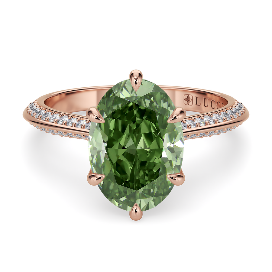 Load image into Gallery viewer, LUCCE Knife Edge Cathedral Oval Green Diamond Pavé Engagement Ring with Overlapping Petal Prongs in Gold or Platinum
