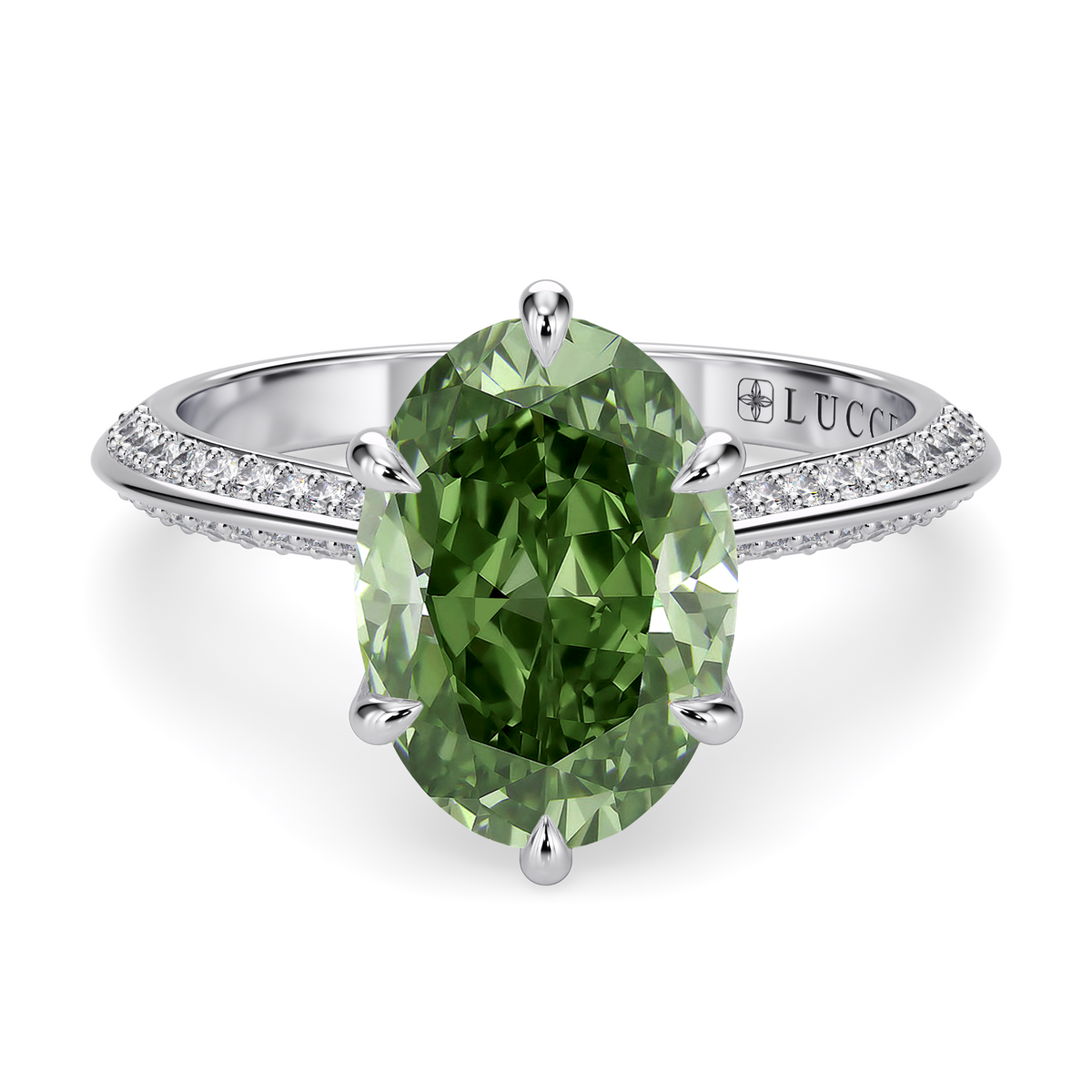 Load image into Gallery viewer, LUCCE Knife Edge Cathedral Oval Green Diamond Pavé Engagement Ring with Overlapping Petal Prongs in Gold or Platinum
