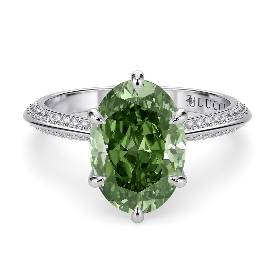 Load image into Gallery viewer, LUCCE Knife Edge Cathedral Oval Green Diamond Pavé Engagement Ring with Overlapping Petal Prongs in Gold or Platinum
