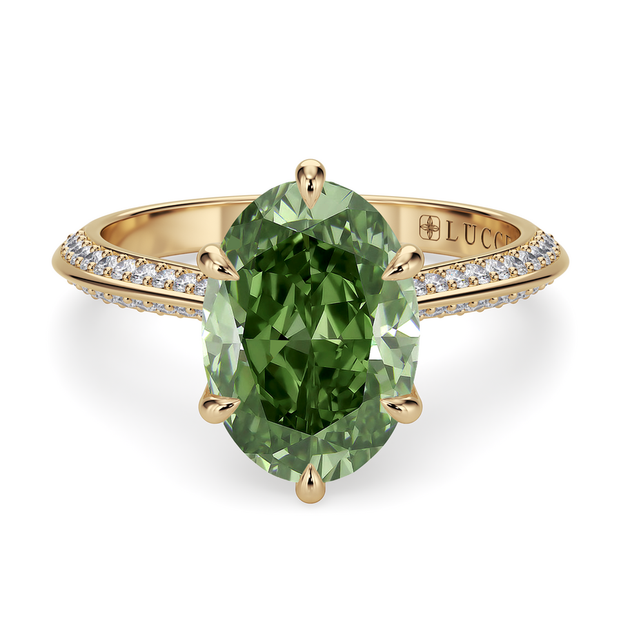 Load image into Gallery viewer, LUCCE Knife Edge Cathedral Oval Green Diamond Pavé Engagement Ring with Overlapping Petal Prongs in Gold or Platinum
