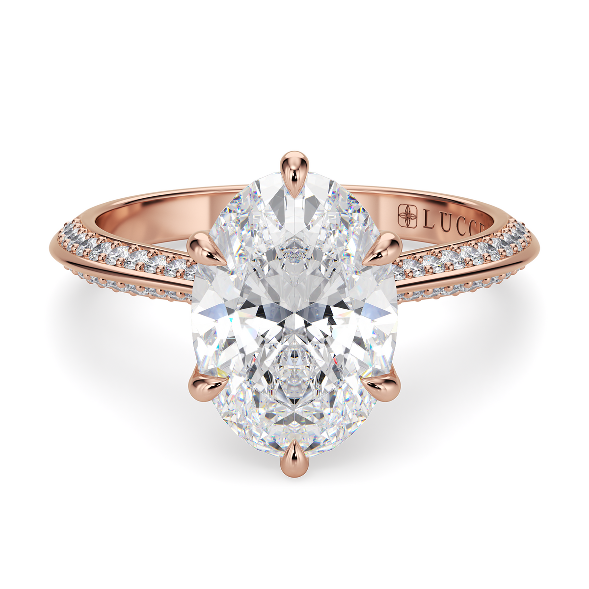 Load image into Gallery viewer, LUCCE Knife Edge Cathedral Oval Diamond Pavé Engagement Ring with Overlapping Petal Prongs in Gold or Platinum
