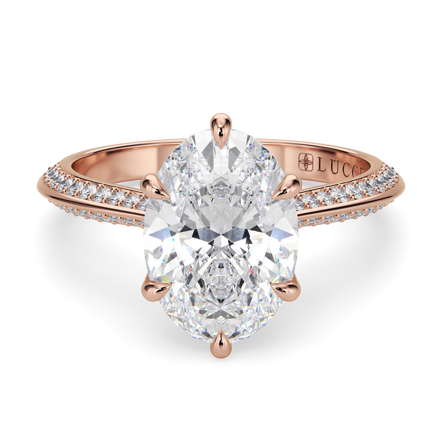 Load image into Gallery viewer, LUCCE Knife Edge Cathedral Oval Diamond Pavé Engagement Ring with Overlapping Petal Prongs in Gold or Platinum
