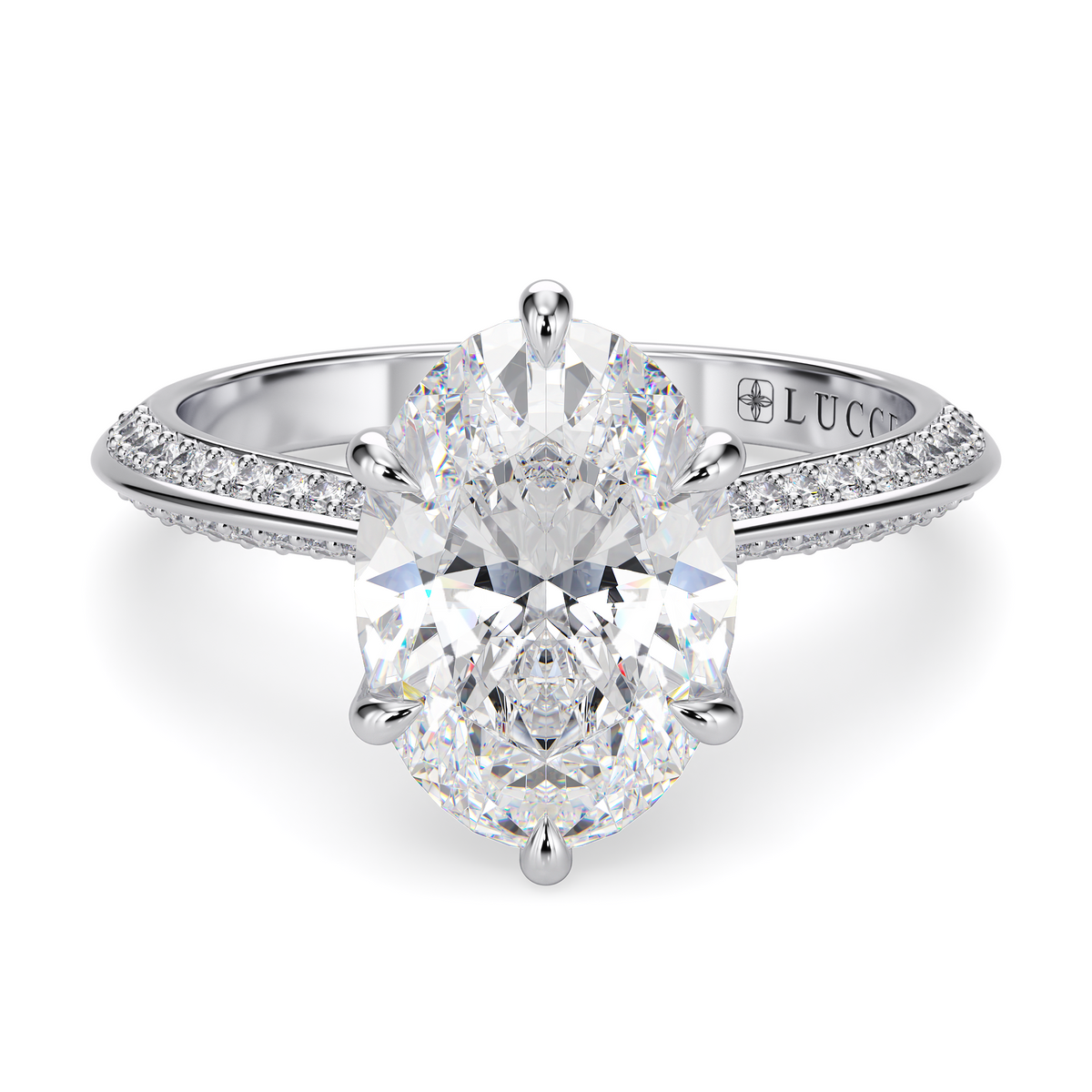 Load image into Gallery viewer, LUCCE Knife Edge Cathedral Oval Diamond Pavé Engagement Ring with Overlapping Petal Prongs in Gold or Platinum
