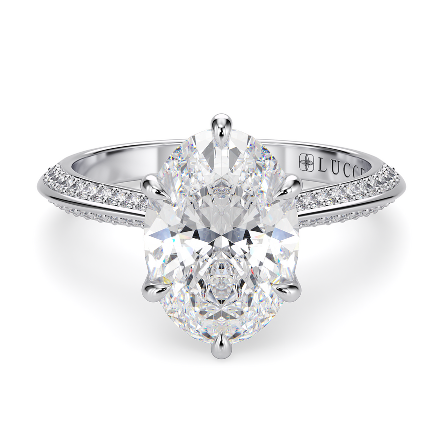 Load image into Gallery viewer, LUCCE Knife Edge Cathedral Oval Diamond Pavé Engagement Ring with Overlapping Petal Prongs in Gold or Platinum
