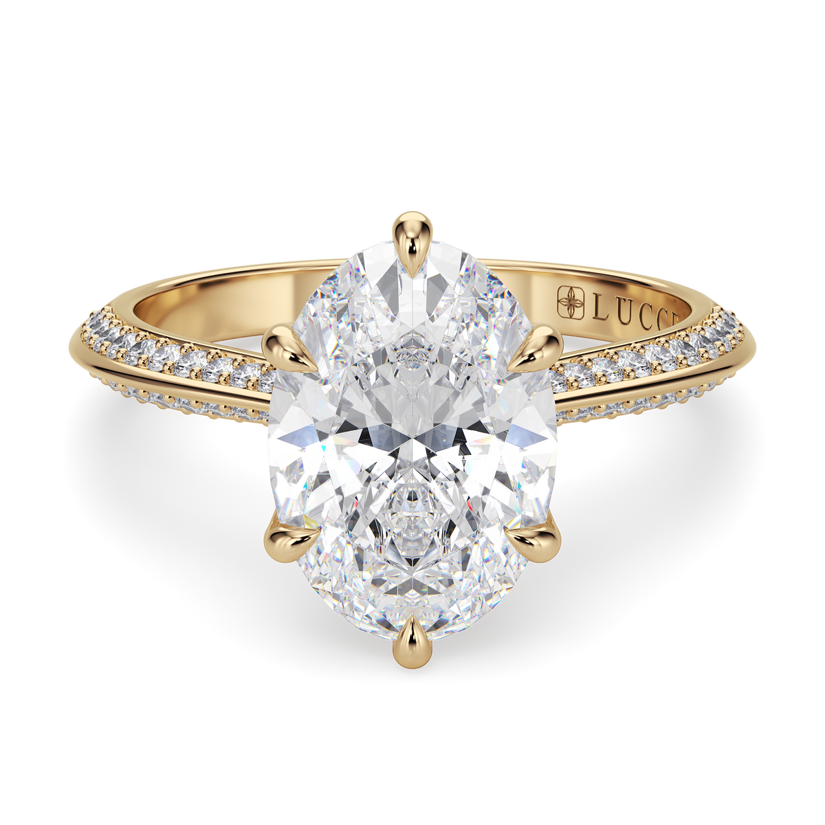 Load image into Gallery viewer, LUCCE Knife Edge Cathedral Oval Diamond Pavé Engagement Ring with Overlapping Petal Prongs in Gold or Platinum
