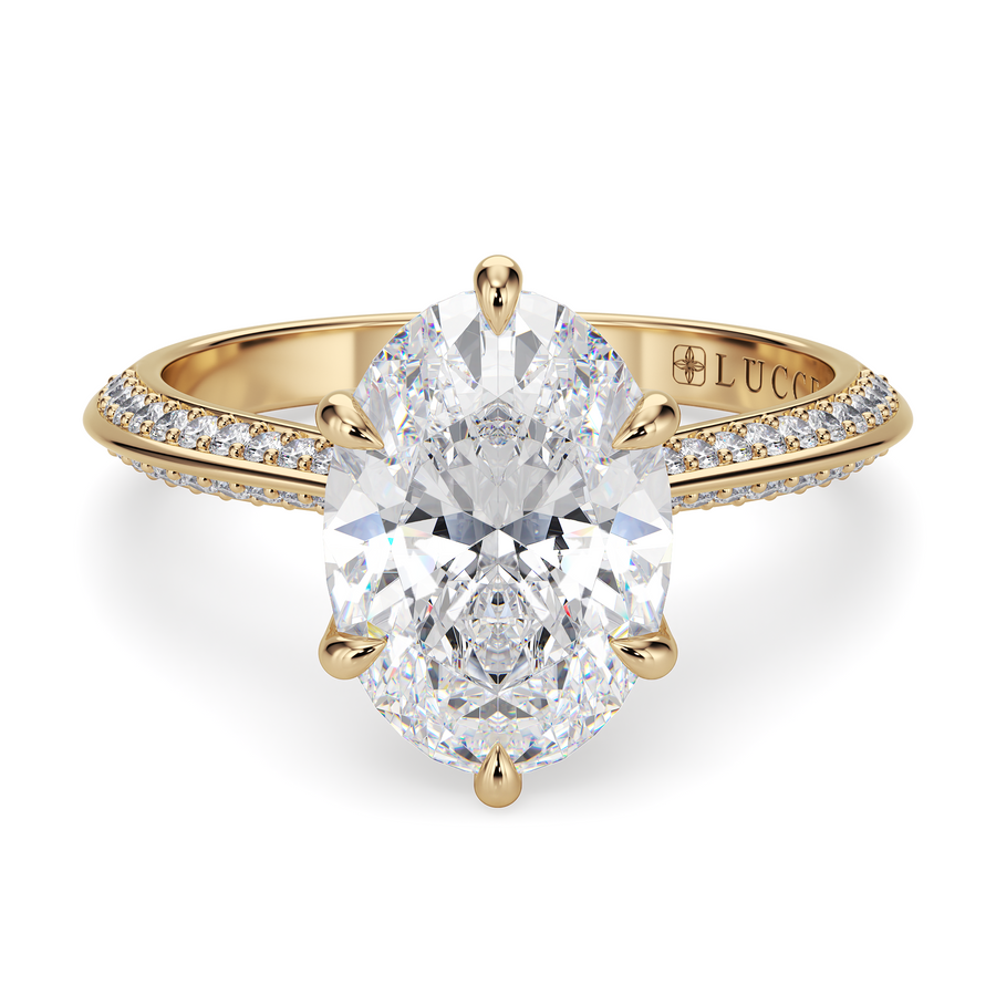 Load image into Gallery viewer, LUCCE Knife Edge Cathedral Oval Diamond Pavé Engagement Ring with Overlapping Petal Prongs in Gold or Platinum

