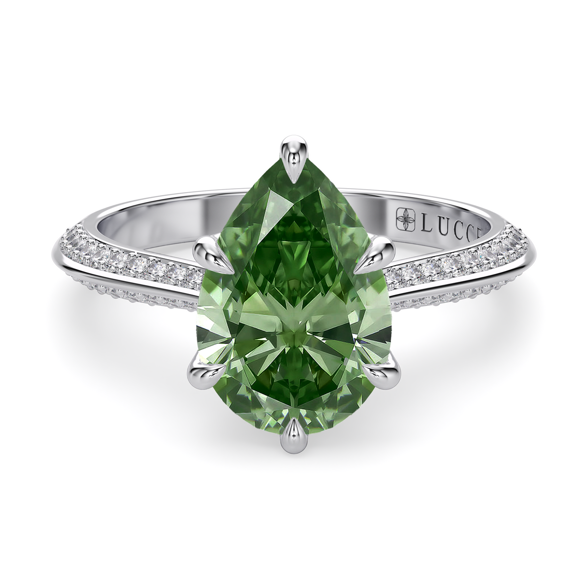 Load image into Gallery viewer, LUCCE Knife Edge Cathedral Pear Green Diamond Pavé Engagement Ring with Overlapping Petal Prongs in Gold or Platinum
