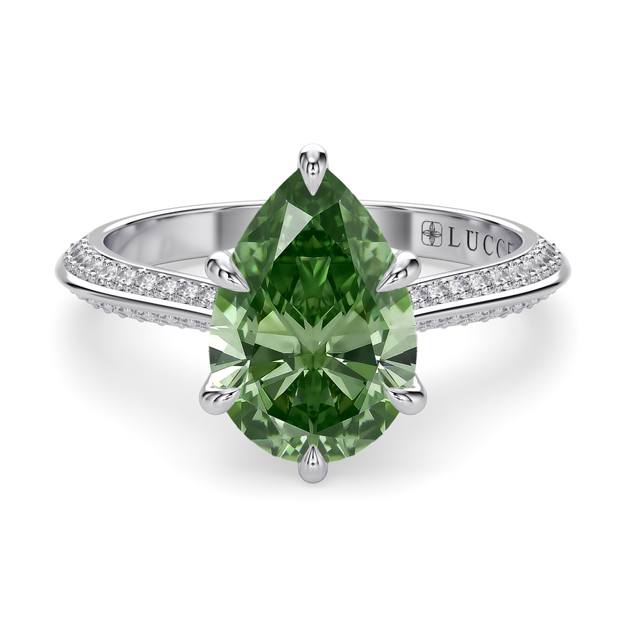 Load image into Gallery viewer, LUCCE Knife Edge Cathedral Pear Green Diamond Pavé Engagement Ring with Overlapping Petal Prongs in Gold or Platinum
