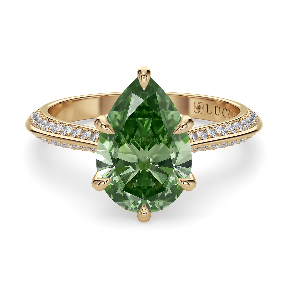 Load image into Gallery viewer, LUCCE Knife Edge Cathedral Pear Green Diamond Pavé Engagement Ring with Overlapping Petal Prongs in Gold or Platinum
