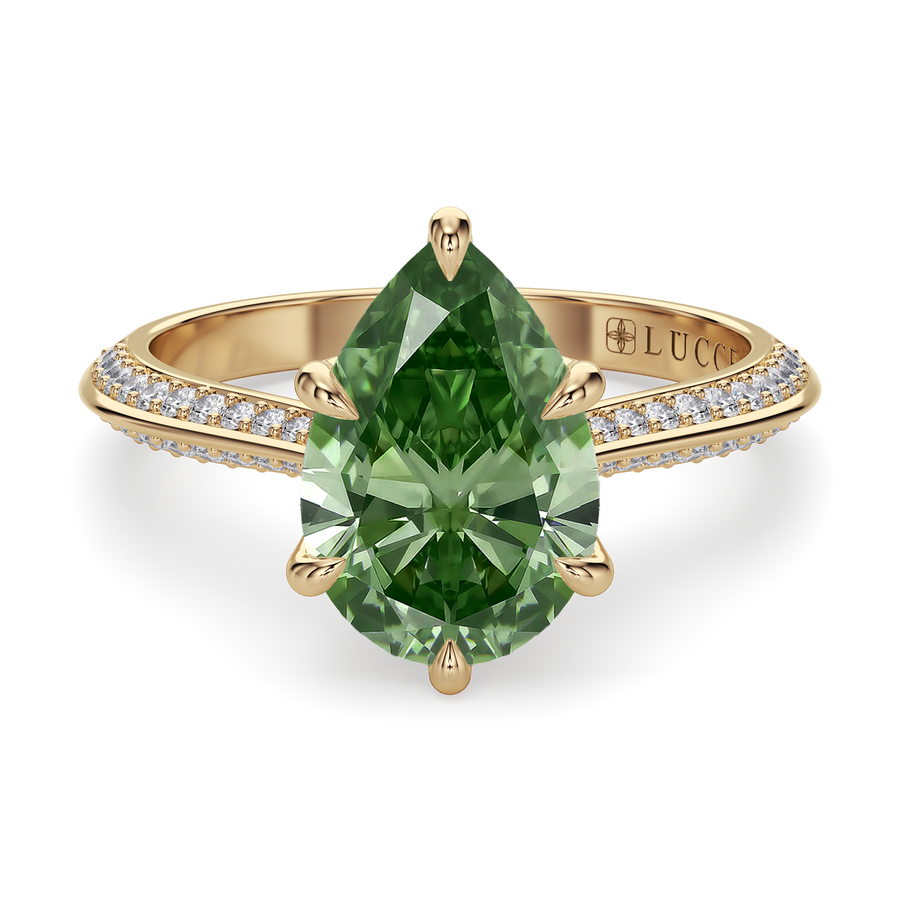 Load image into Gallery viewer, LUCCE Knife Edge Cathedral Pear Green Diamond Pavé Engagement Ring with Overlapping Petal Prongs in Gold or Platinum
