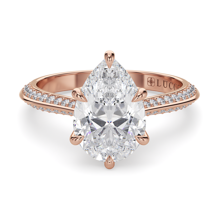 Load image into Gallery viewer, LUCCE Knife Edge Cathedral Pear Diamond Pavé Engagement Ring with Overlapping Petal Prongs in Gold or Platinum
