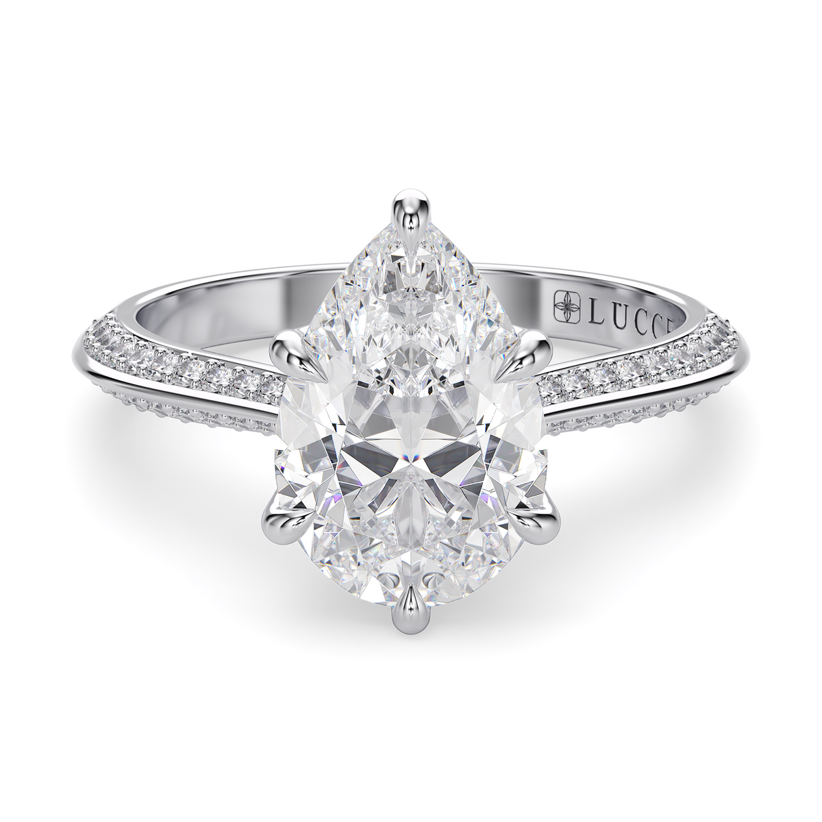 Load image into Gallery viewer, LUCCE Knife Edge Cathedral Pear Diamond Pavé Engagement Ring with Overlapping Petal Prongs in Gold or Platinum
