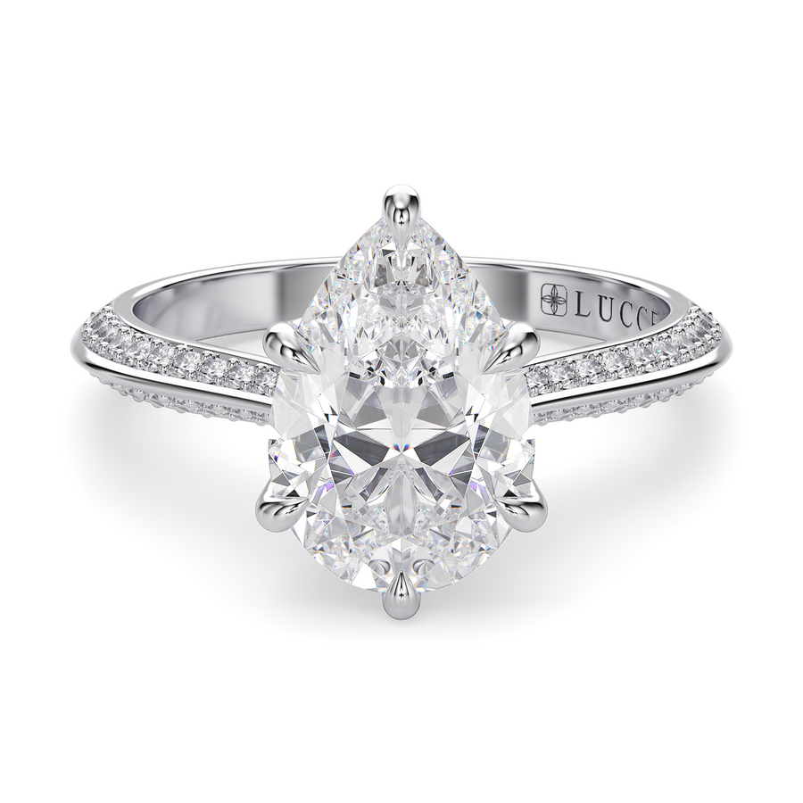 Load image into Gallery viewer, LUCCE Knife Edge Cathedral Pear Diamond Pavé Engagement Ring with Overlapping Petal Prongs in Gold or Platinum
