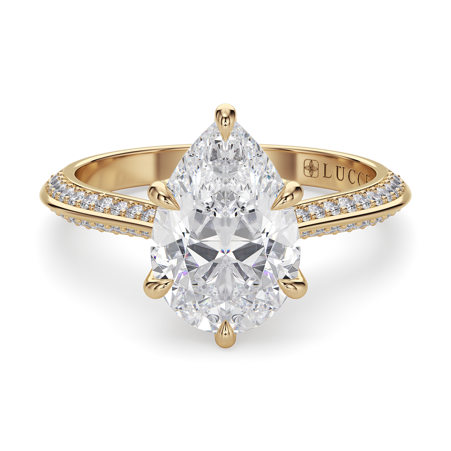 Load image into Gallery viewer, LUCCE Knife Edge Cathedral Pear Diamond Pavé Engagement Ring with Overlapping Petal Prongs in Gold or Platinum
