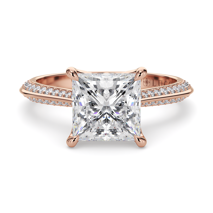 Load image into Gallery viewer, LUCCE Knife Edge Cathedral Princess Diamond Pavé Engagement Ring with Overlapping Petal Prongs in Gold or Platinum
