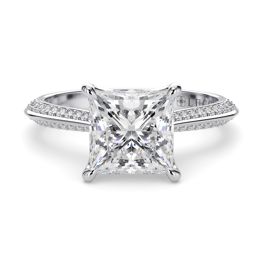 Load image into Gallery viewer, LUCCE Knife Edge Cathedral Princess Diamond Pavé Engagement Ring with Overlapping Petal Prongs in Gold or Platinum
