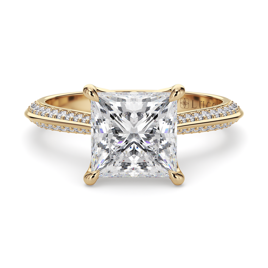 Load image into Gallery viewer, LUCCE Knife Edge Cathedral Princess Diamond Pavé Engagement Ring with Overlapping Petal Prongs in Gold or Platinum
