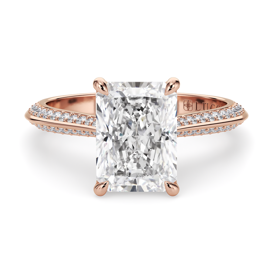 Load image into Gallery viewer, LUCCE Knife Edge Cathedral Radiant Diamond Pavé Engagement Ring with Overlapping Petal Prongs in Gold or Platinum

