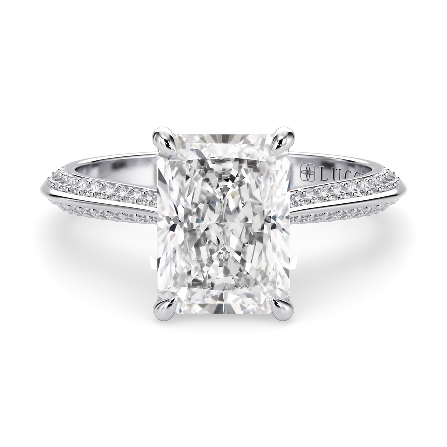Load image into Gallery viewer, LUCCE Knife Edge Cathedral Radiant Diamond Pavé Engagement Ring with Overlapping Petal Prongs in Gold or Platinum
