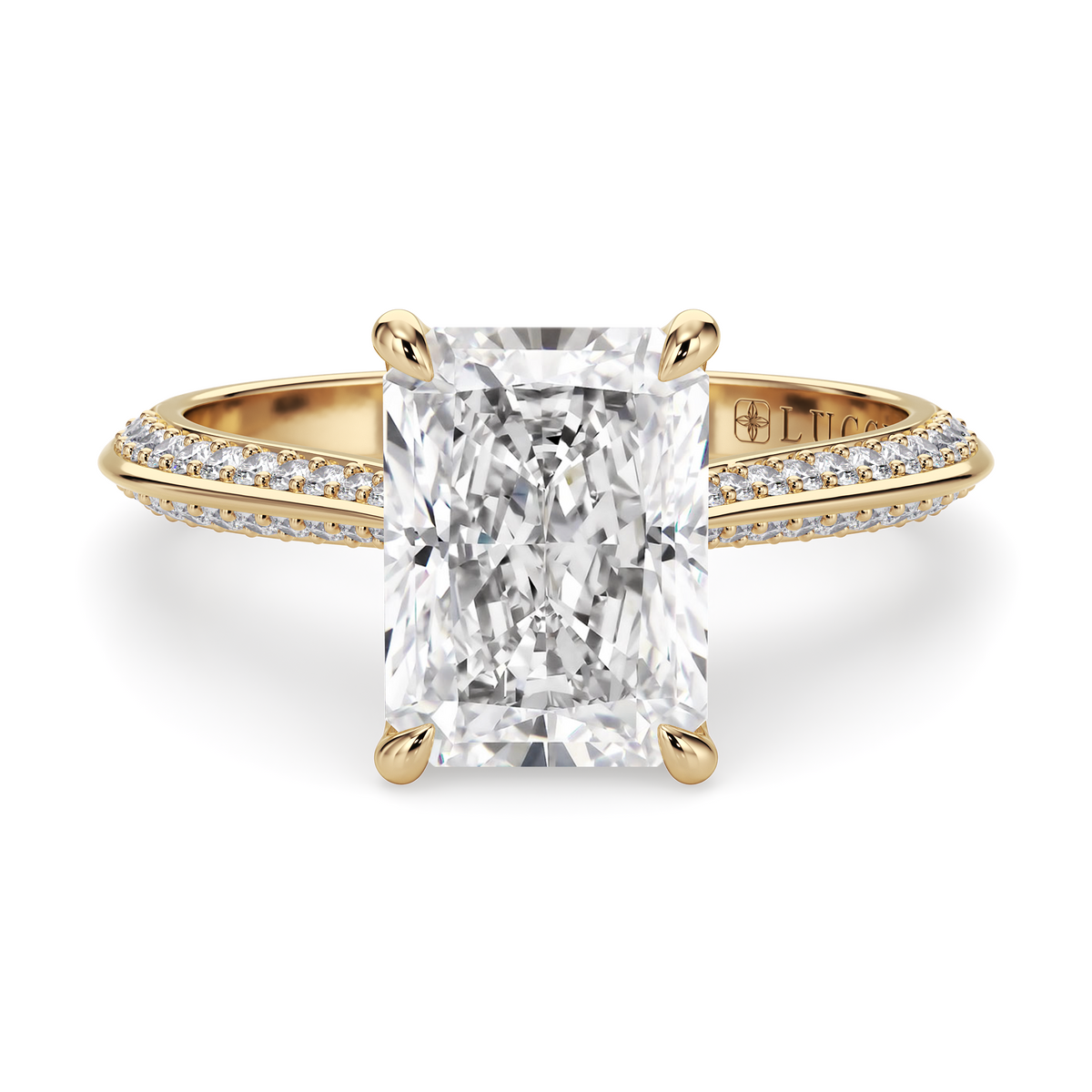 Load image into Gallery viewer, LUCCE Knife Edge Cathedral Radiant Diamond Pavé Engagement Ring with Overlapping Petal Prongs in Gold or Platinum
