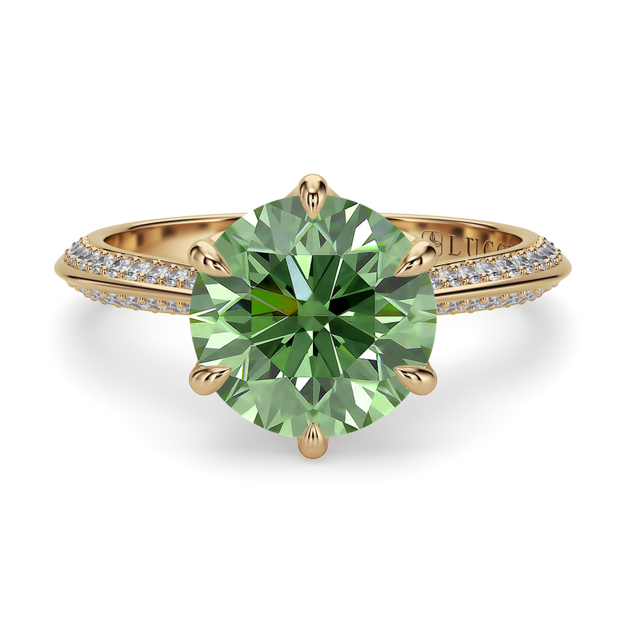 Load image into Gallery viewer, LUCCE Knife Edge Cathedral Round Green Diamond Pavé Engagement Ring with Overlapping Petal Prongs in Gold or Platinum

