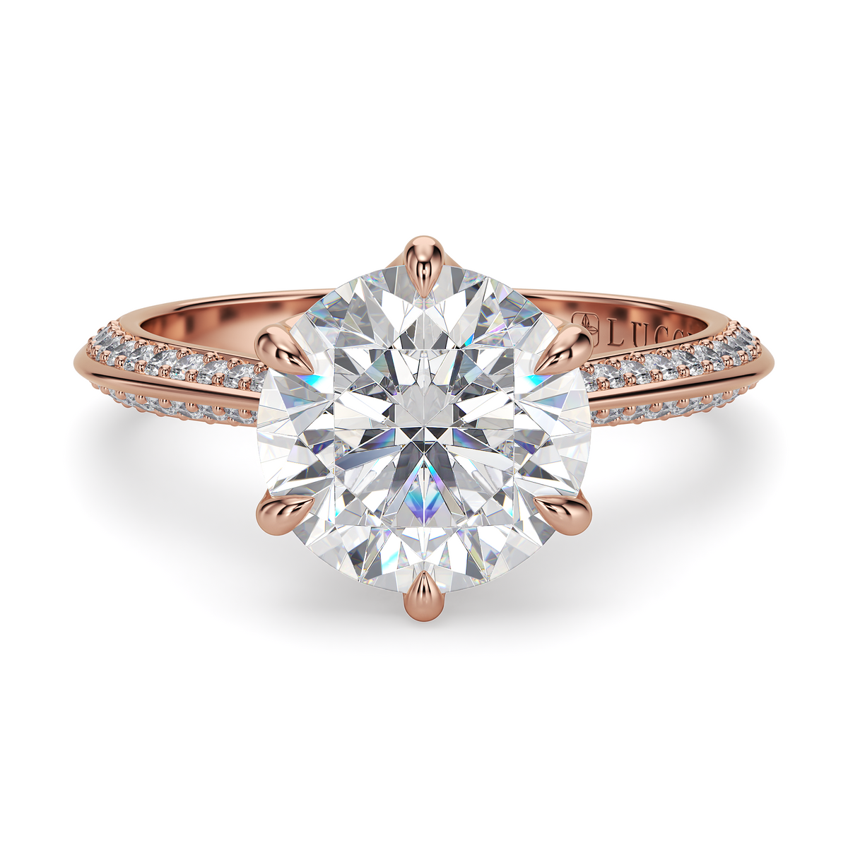Load image into Gallery viewer, LUCCE Knife Edge Cathedral Round Diamond Pavé Engagement Ring with Overlapping Petal Prongs in Gold or Platinum
