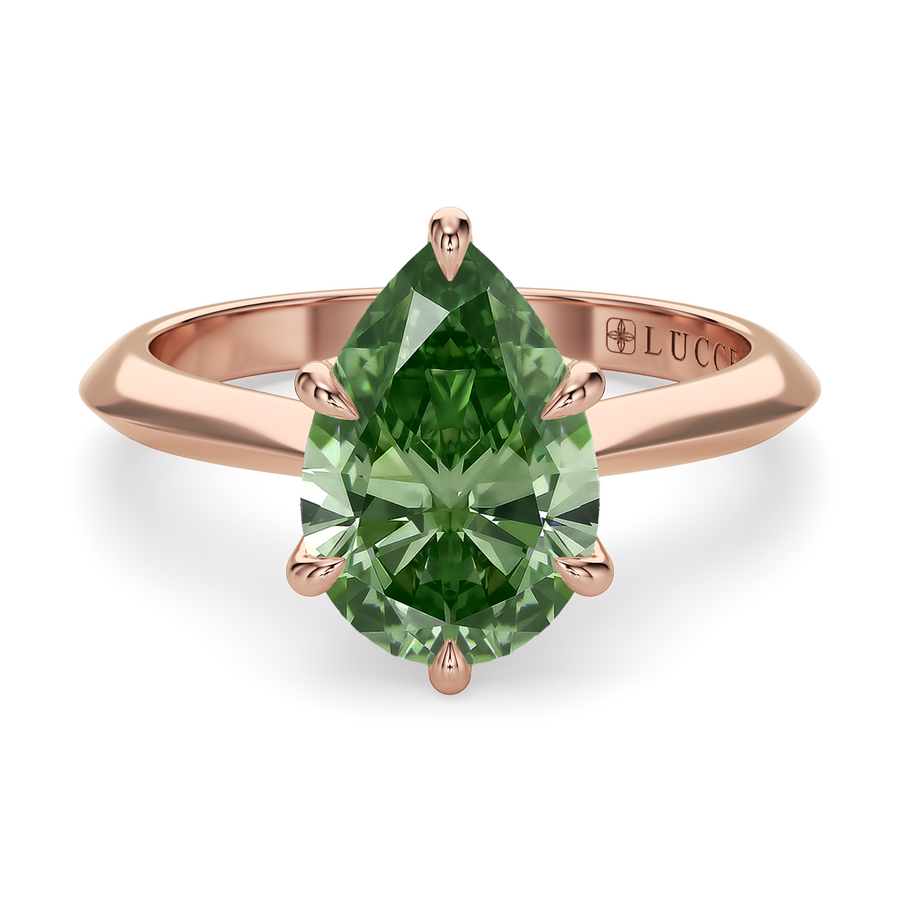 Load image into Gallery viewer, LUCCE Knife Edge Cathedral Pear Green Diamond Solitaire Engagement Ring with Overlapping Petal Prongs in Gold or Platinum
