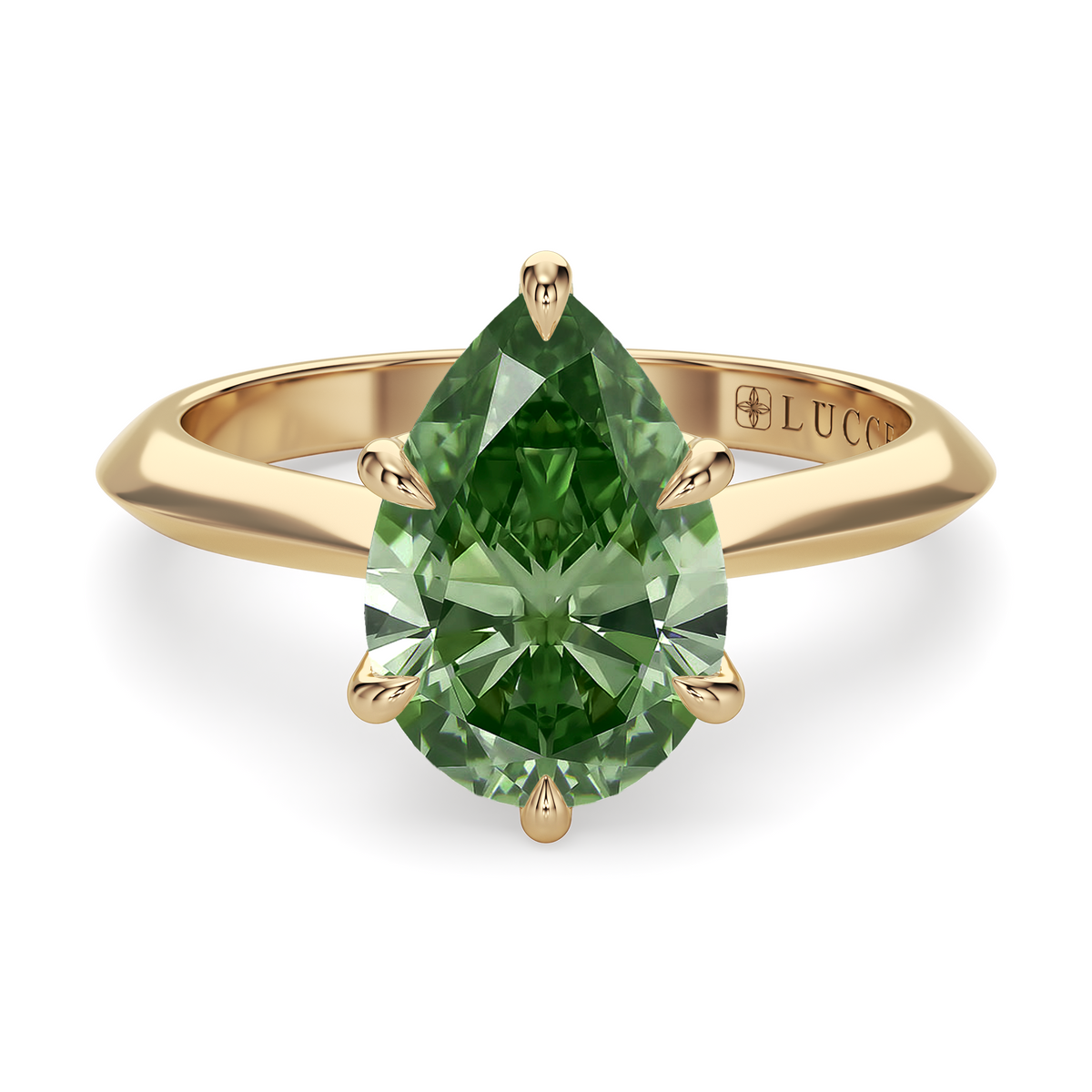 Load image into Gallery viewer, LUCCE Knife Edge Cathedral Pear Green Diamond Solitaire Engagement Ring with Overlapping Petal Prongs in Gold or Platinum
